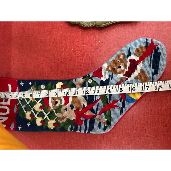 NOEL Needlepoint Embroidered Christmas Stocking with Bears & Reindeer Holiday - Picture 4 of 5
